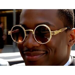 Rhinestone Sunglasses Round Gold Frame Brown Lens Men's Fashion Retro Luxury New